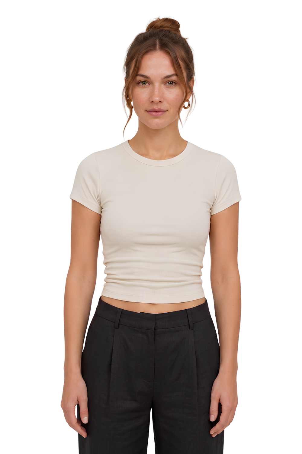 Ekru Slim Fit Esnek Kumaşlı Kısa Kollu Tişört