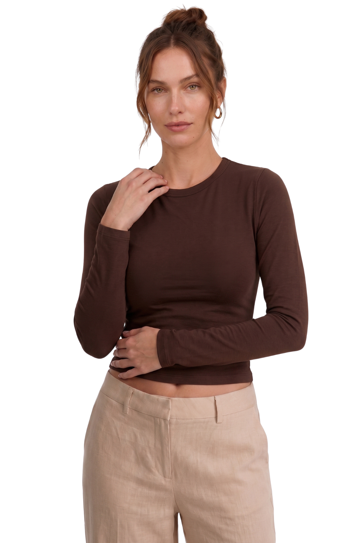 Kahverengi Slim Fit Esnek Kumaşlı Uzun Kollu Tişört