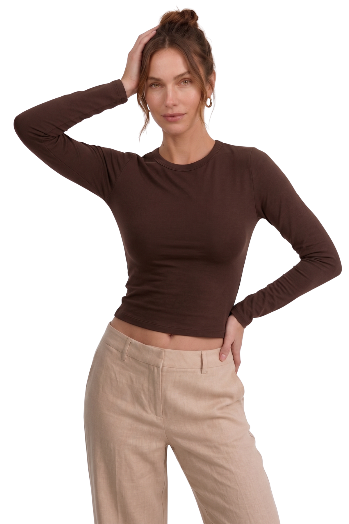 Ekru Slim Fit Esnek Kumaşlı Uzun Kollu Tişört