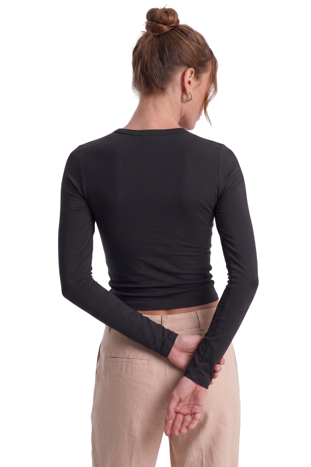 Ekru Slim Fit Esnek Kumaşlı Uzun Kollu Tişört