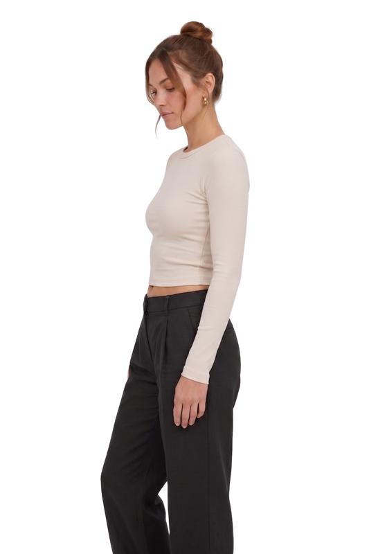 Ekru Slim Fit Esnek Kumaşlı Uzun Kollu Tişört