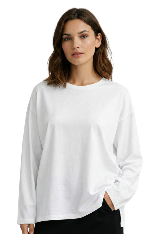 Oversize %100 Pamuk Yırtmaçlı Beyaz Tişört