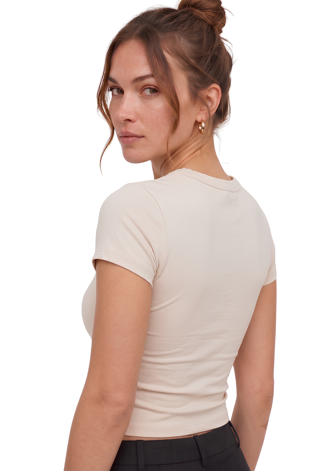 Ekru Slim Fit Esnek Kumaşlı Kısa Kollu Tişört