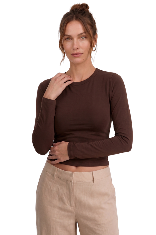 Kahverengi Slim Fit Esnek Kumaşlı Uzun Kollu Tişört