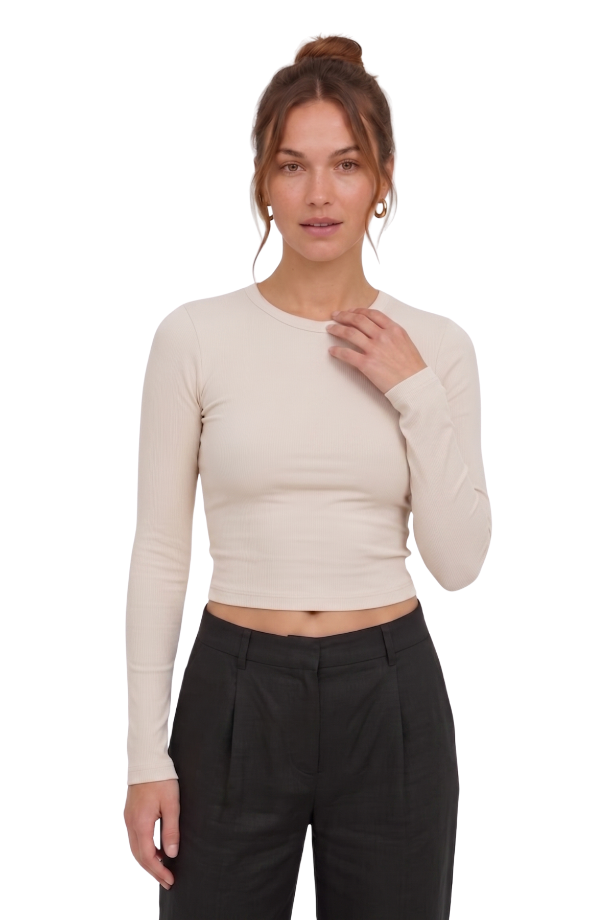 Ekru Slim Fit Esnek Kumaşlı Uzun Kollu Tişört