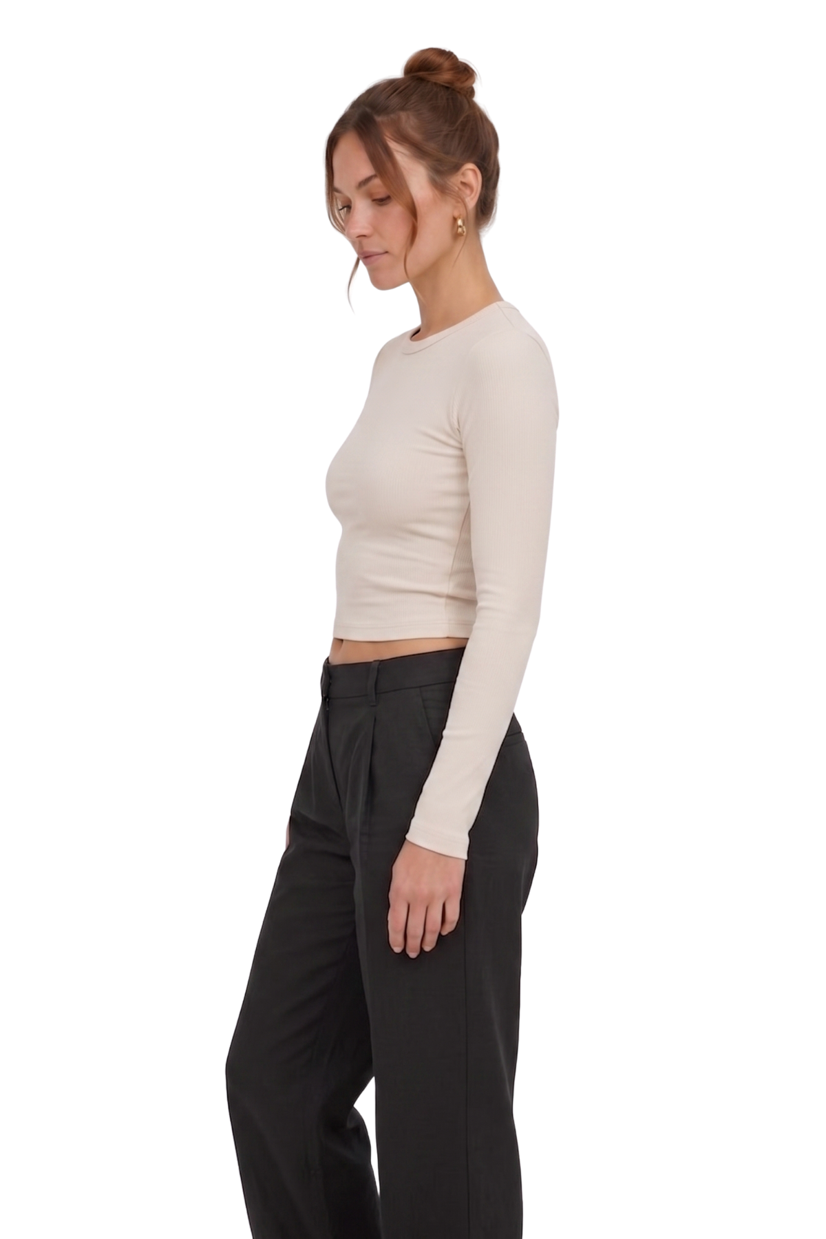 Ekru Slim Fit Esnek Kumaşlı Uzun Kollu Tişört