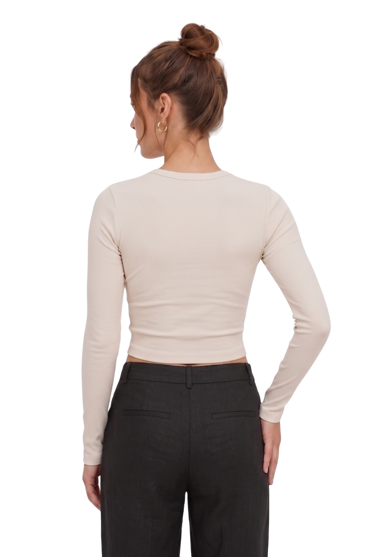 Ekru Slim Fit Esnek Kumaşlı Uzun Kollu Tişört