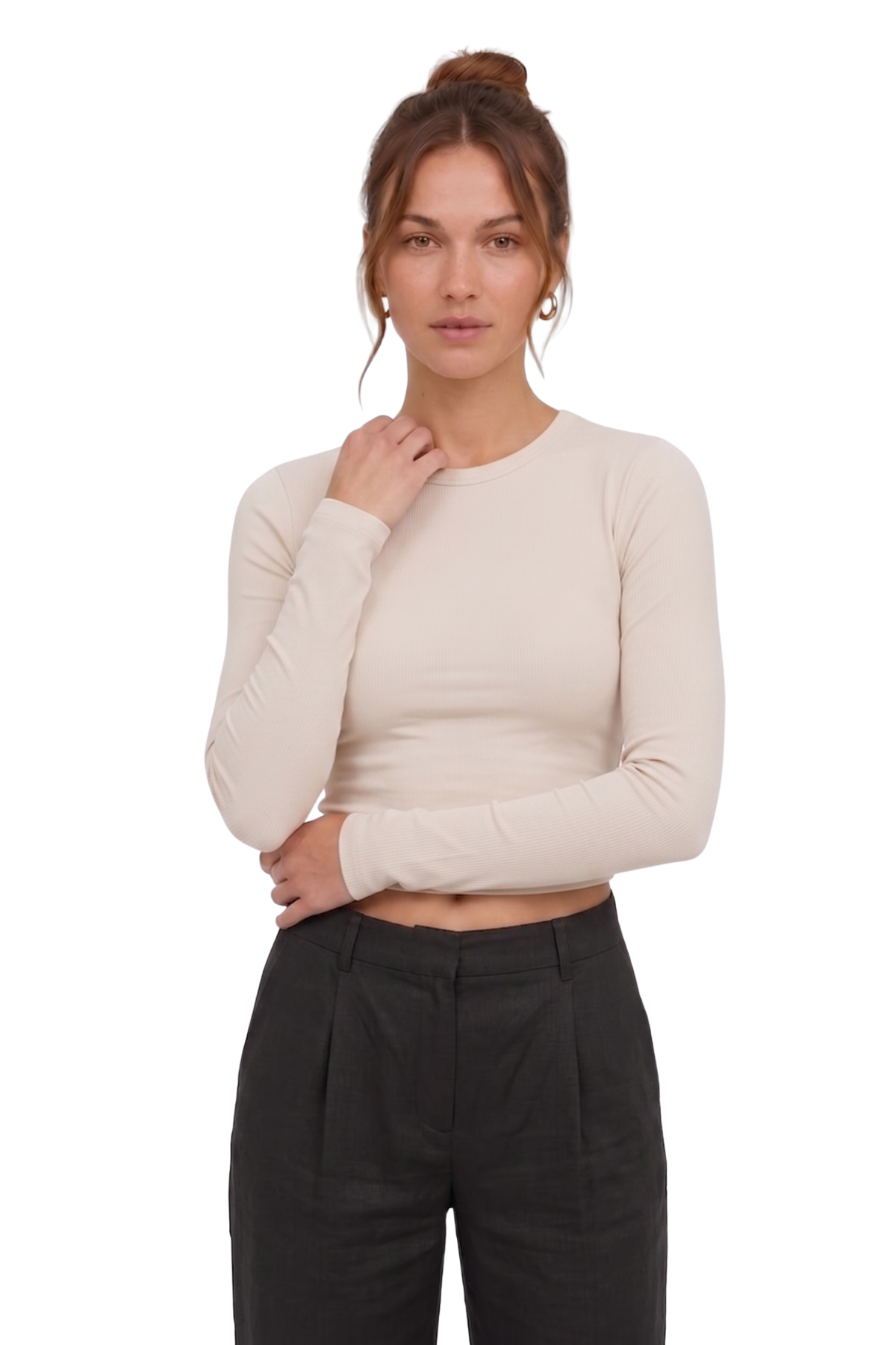 Ekru Slim Fit Esnek Kumaşlı Uzun Kollu Tişört